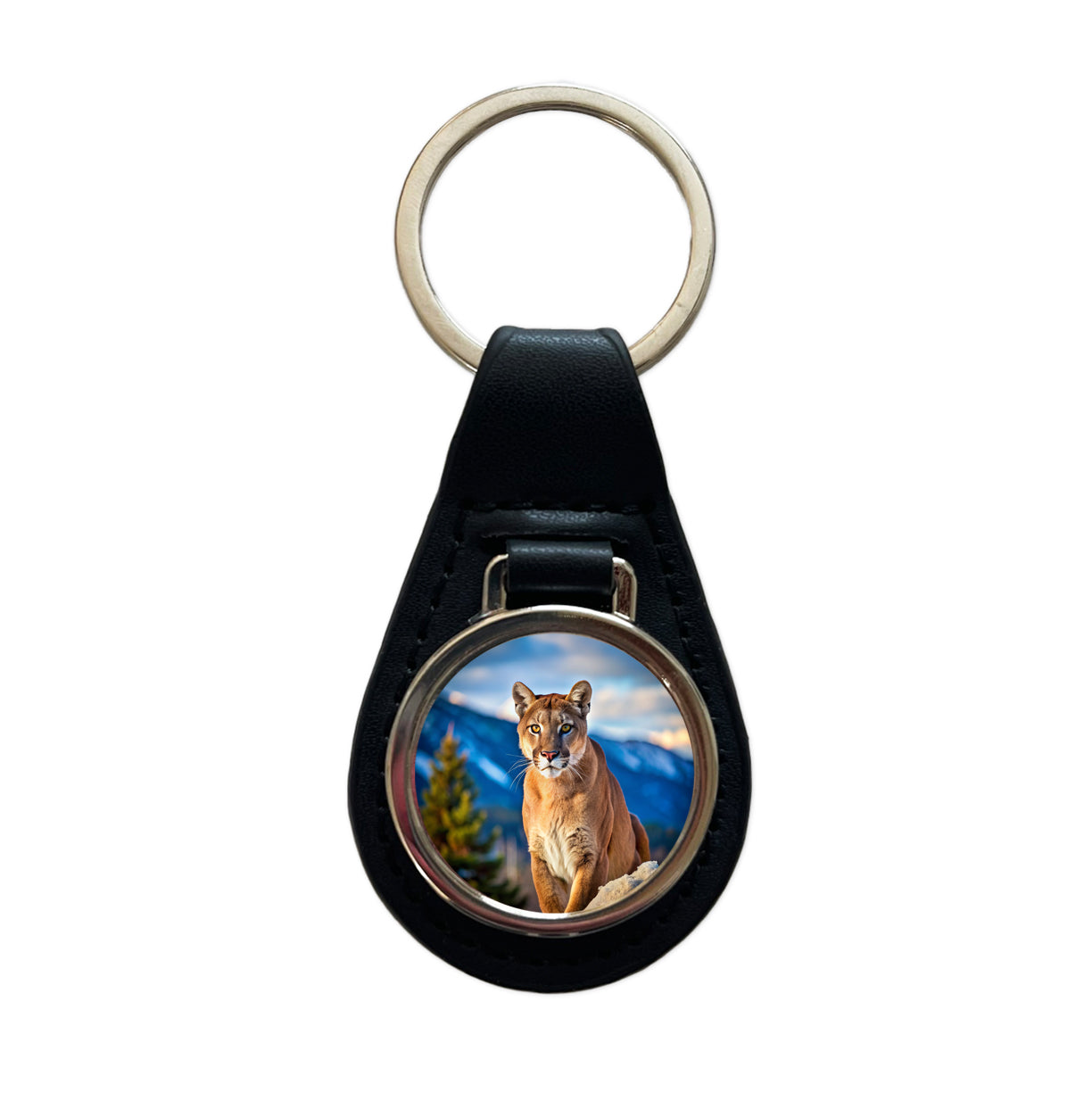 Mountain Lion Cougar Black Leather Metal Keychain