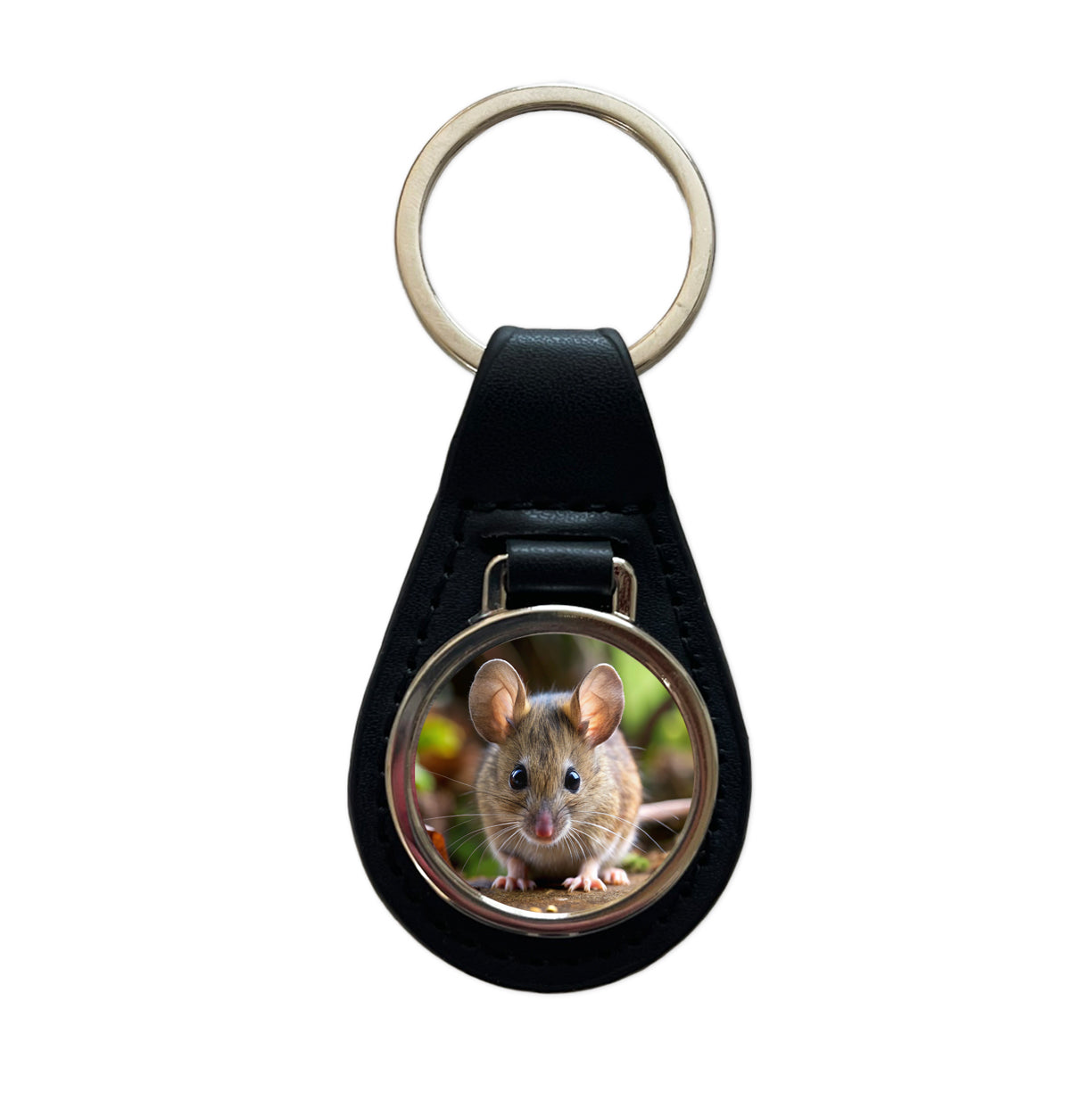 Mouse Black Leather Metal Keychain