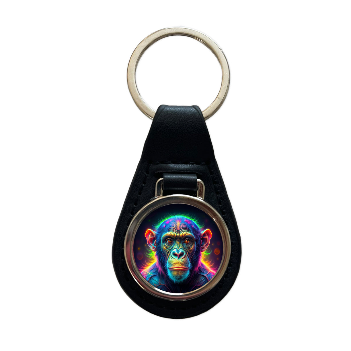 Neon Chimpanzee Monkey Black Leather Metal Keychain