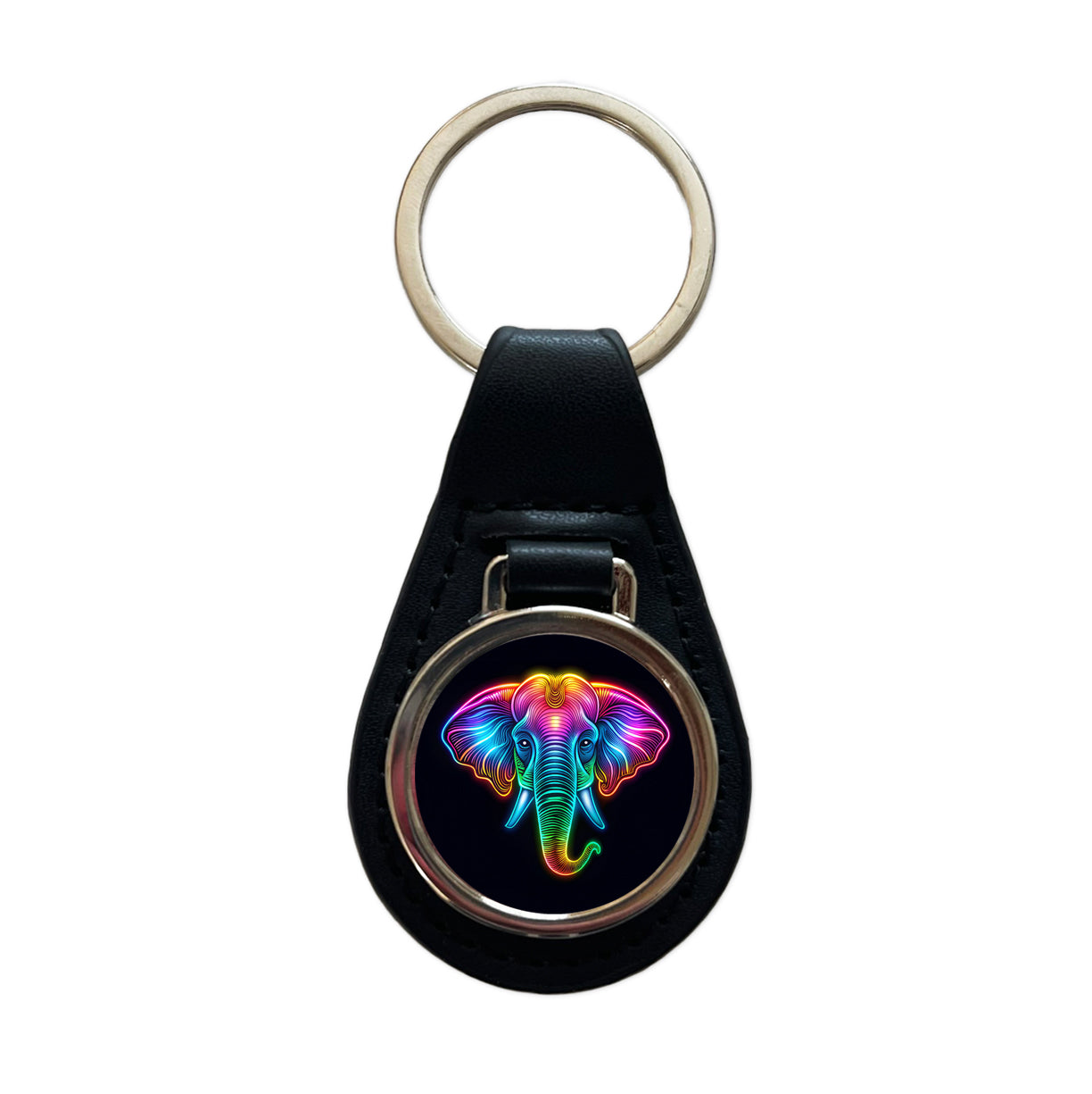 Neon Elephant Face Black Leather Metal Keychain