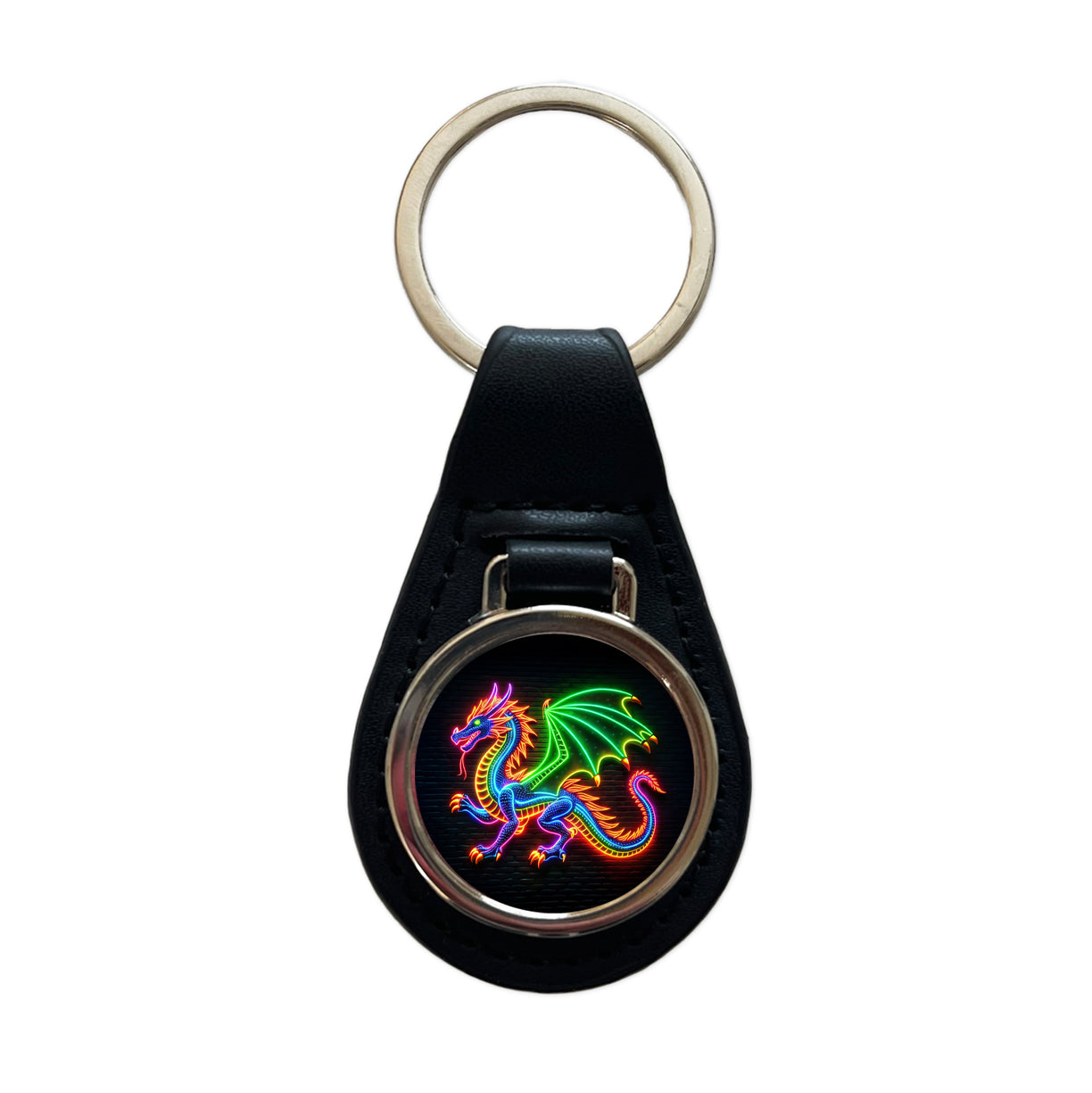 Neon European Dragon Black Leather Metal Keychain