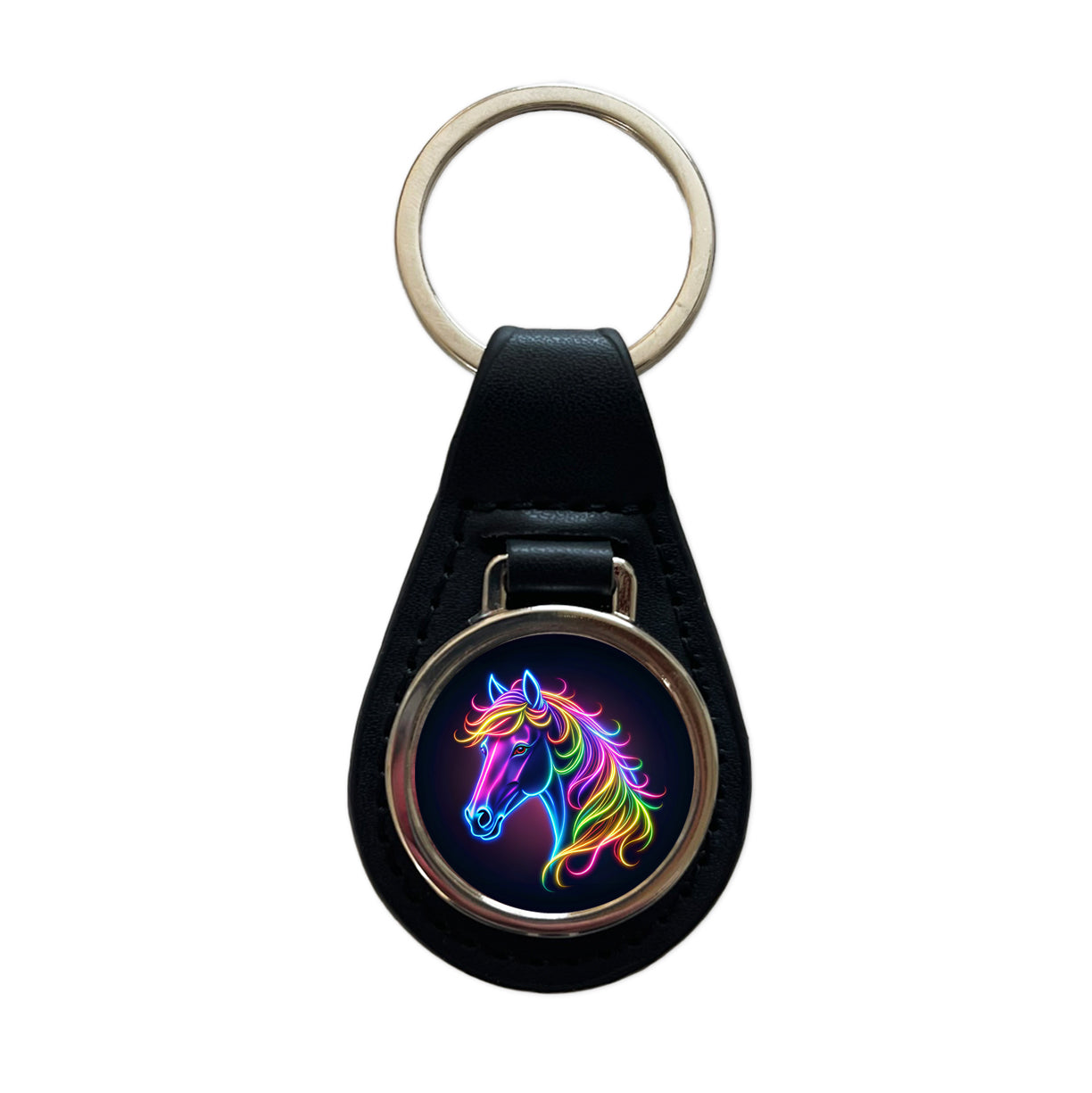 Neon Horse Head Black Leather Metal Keychain