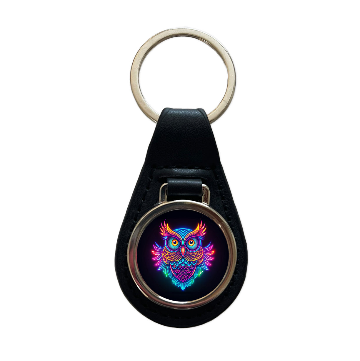 Neon Owl Black Leather Metal Keychain