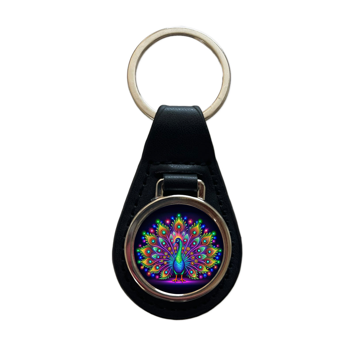 Neon Peacock Black Leather Metal Keychain