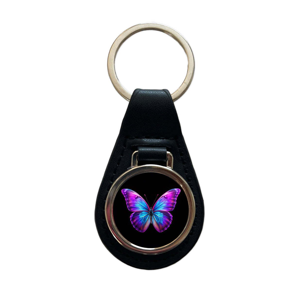 Neon Purple Blue Butterfly Black Leather Metal Keychain