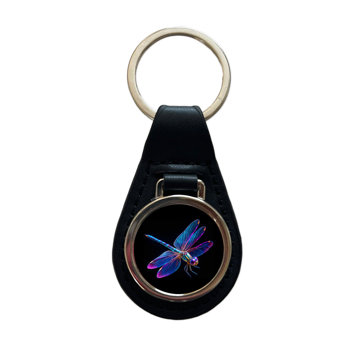 Neon Purple Blue Dragonfly Black Leather Metal Keychain