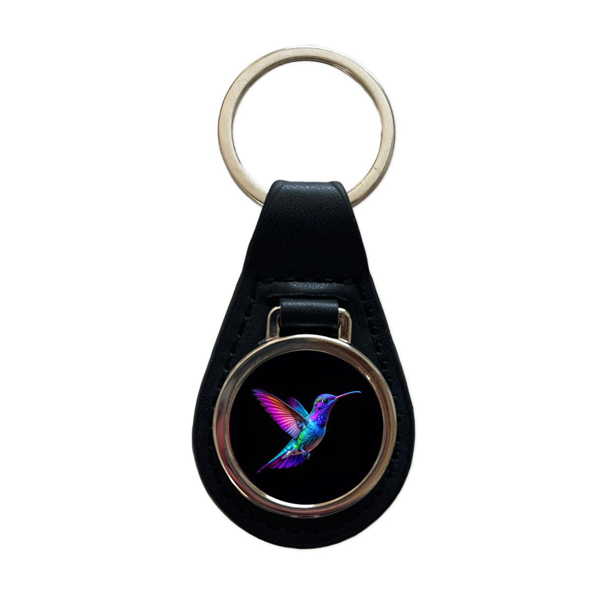 Neon Purple Blue Hummingbird Black Leather Metal Keychain
