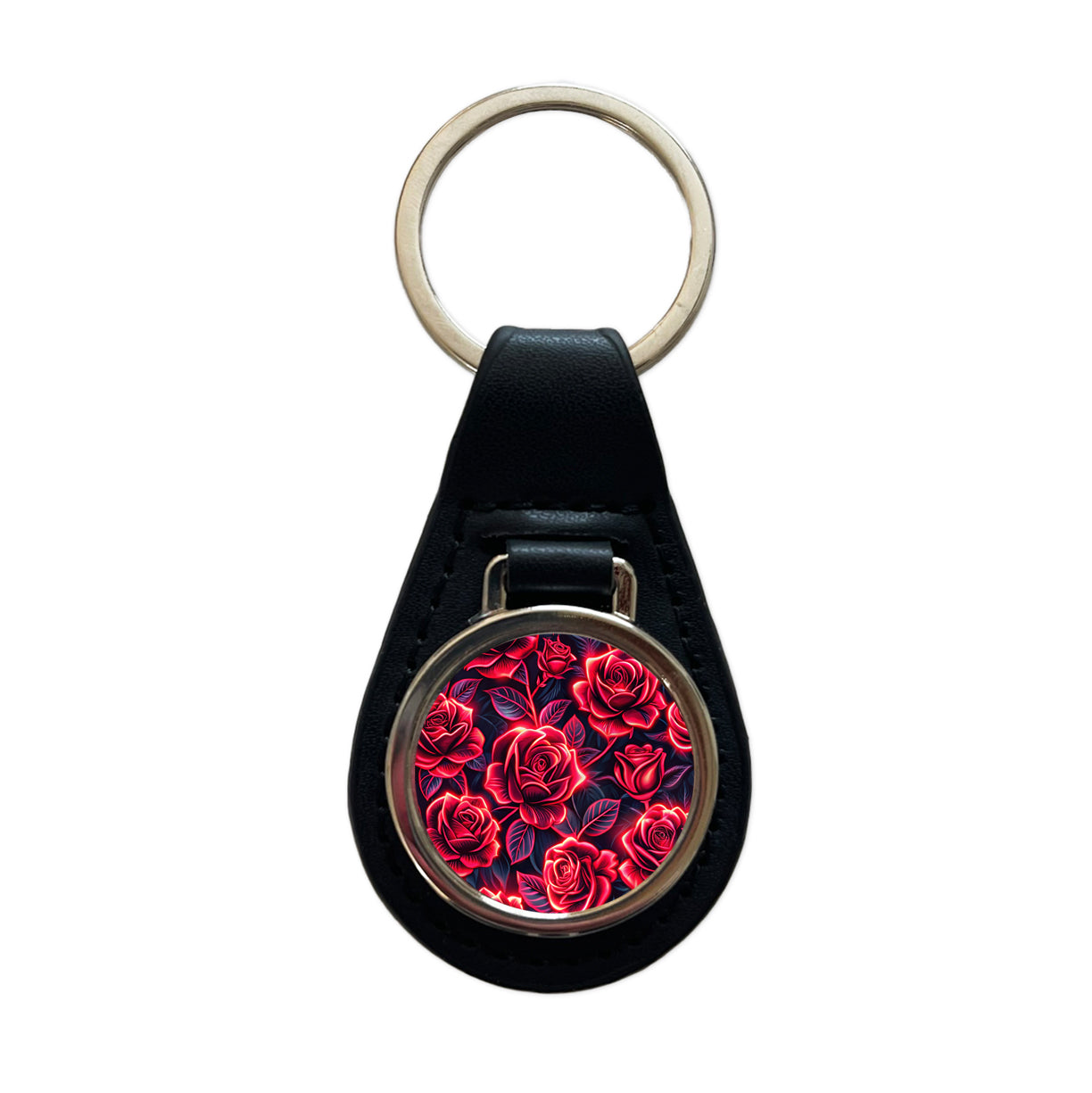Neon Red Rose Floral Pattern Black Leather Metal Keychain