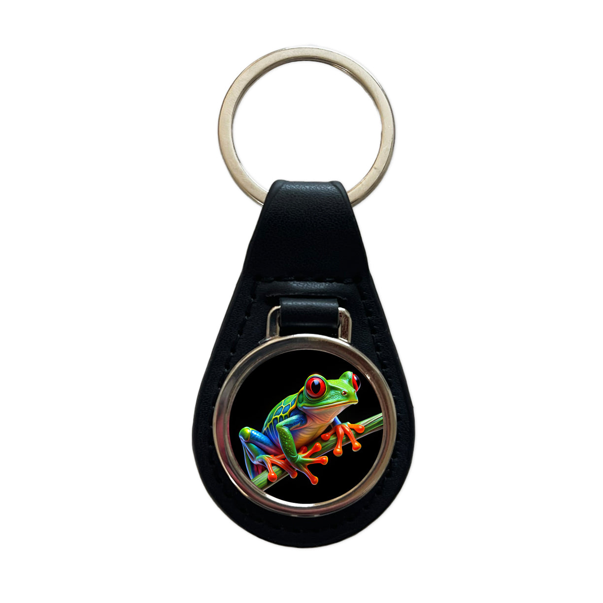 Neon Red-Eyed Tree Frog Black Leather Metal Keychain