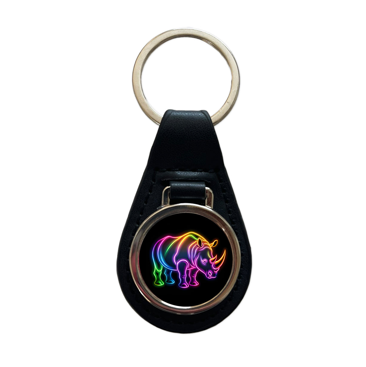 Neon Rhino Black Leather Metal Keychain
