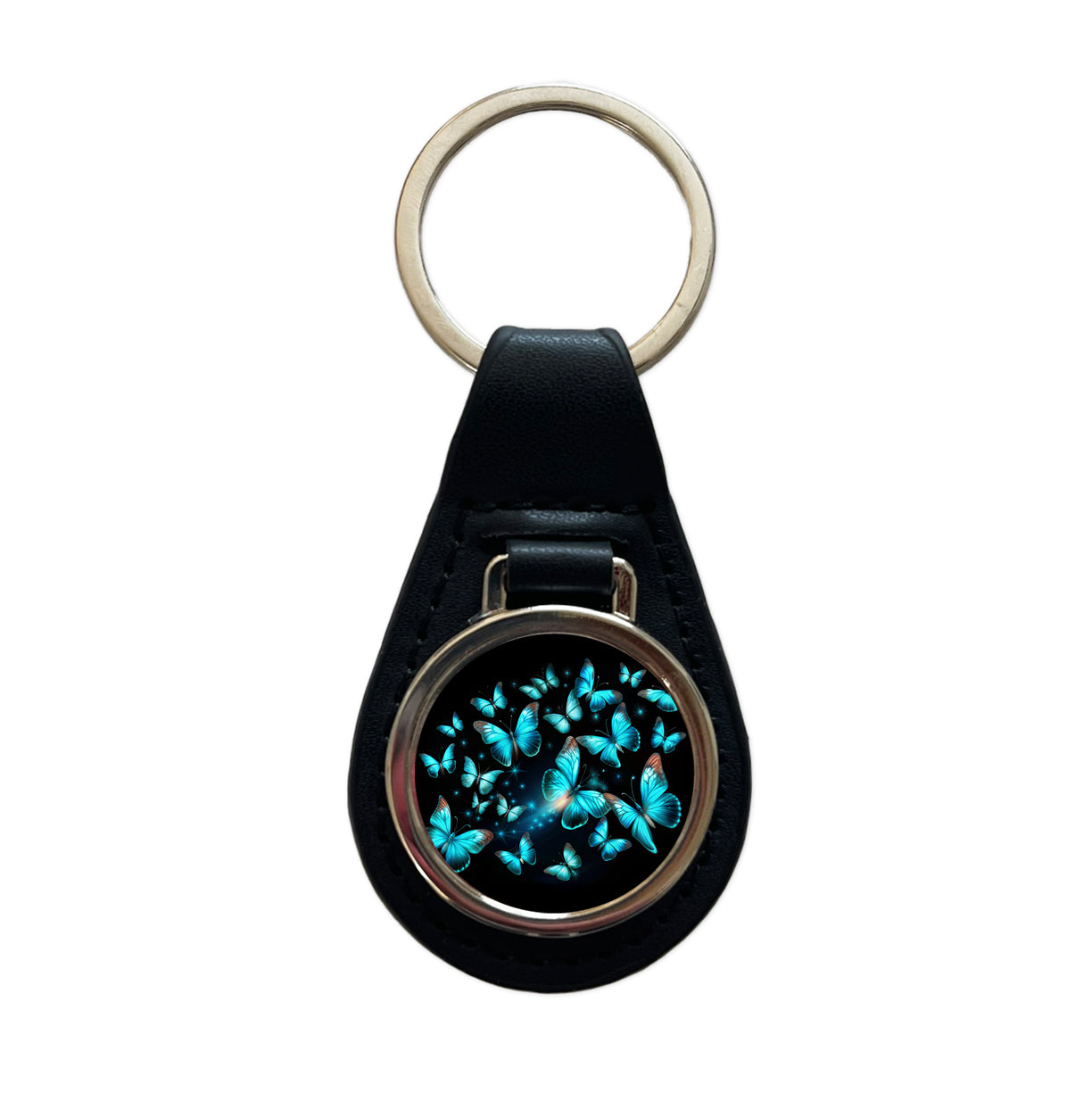 Neon Teal Blue Butterflies Black Leather Metal Keychain