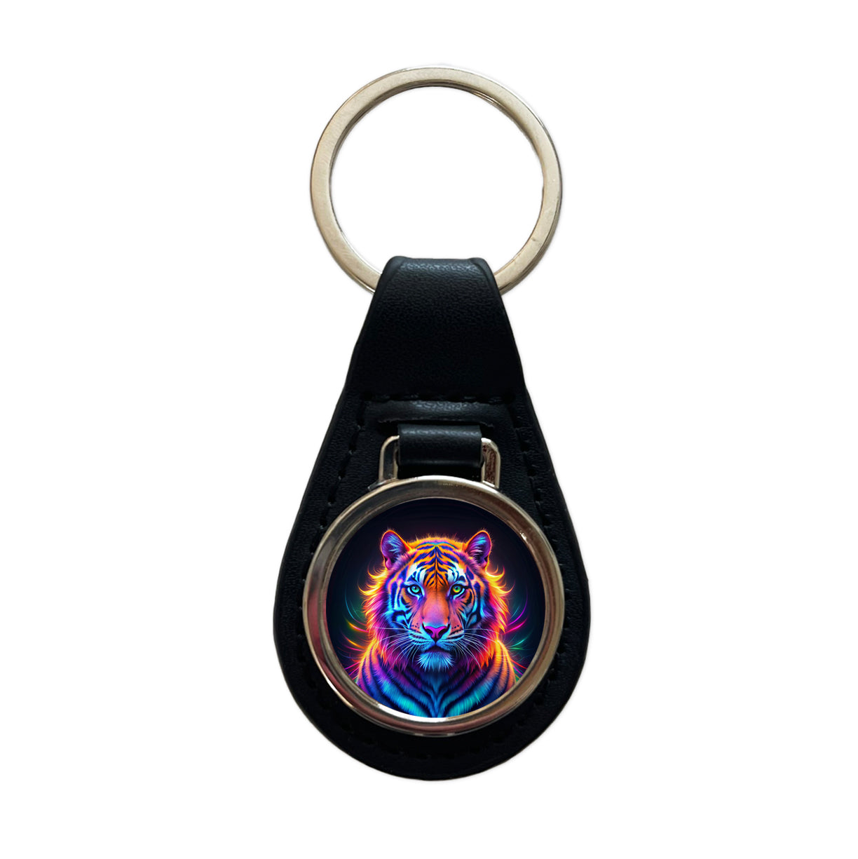 Neon Tiger Black Leather Metal Keychain