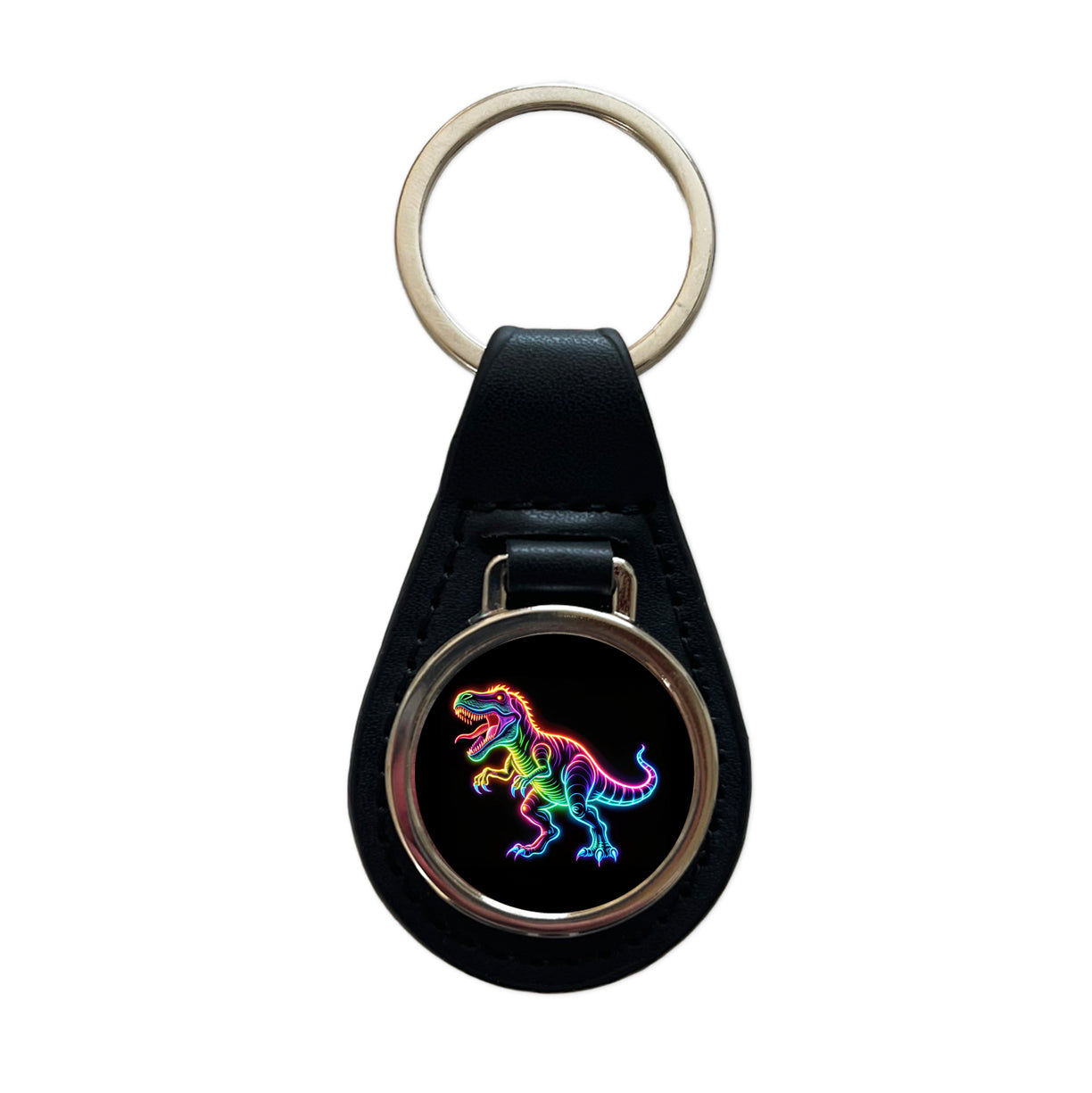 Neon T-Rex Dinosaur Black Leather Metal Keychain