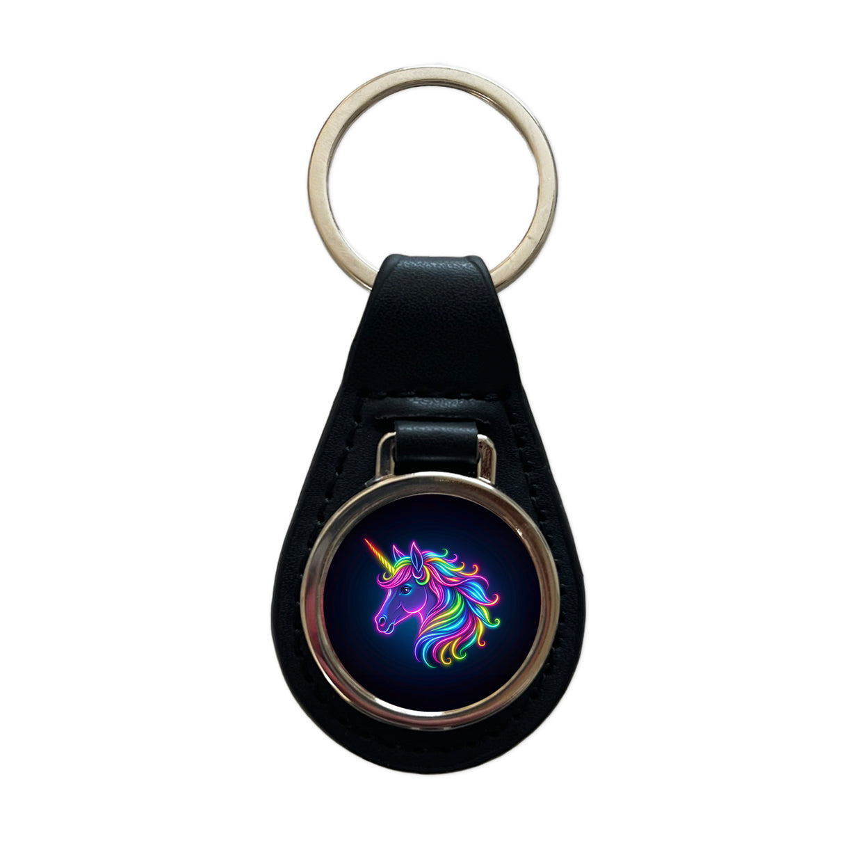 Neon Unicorn Head Fantasy Black Leather Metal Keychain