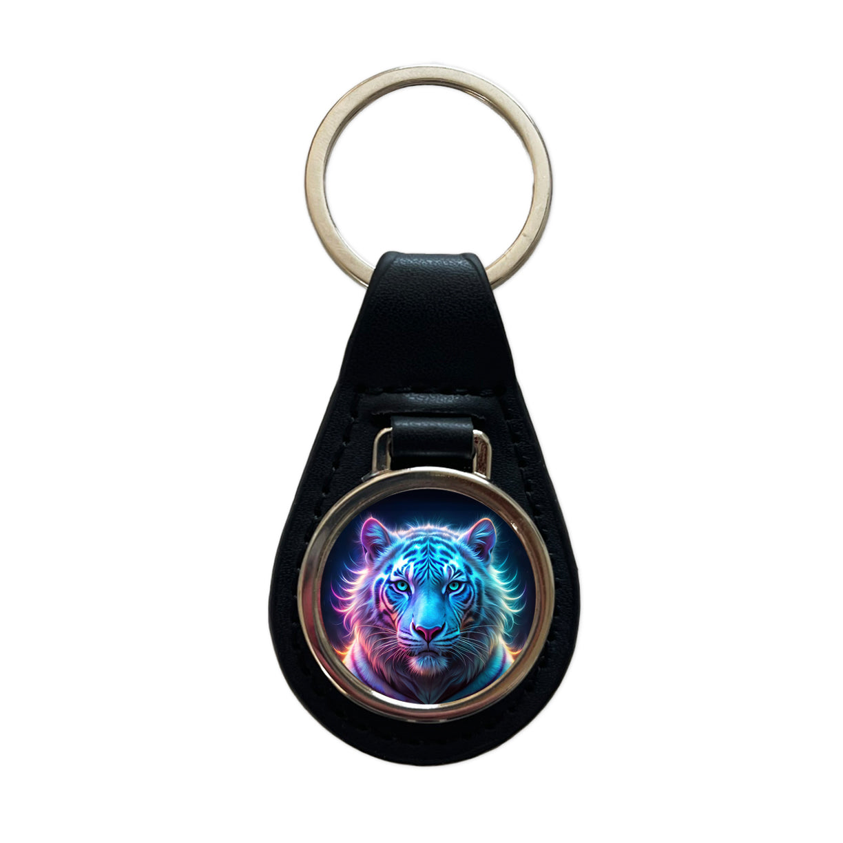 Neon White Tiger Face Black Leather Metal Keychain