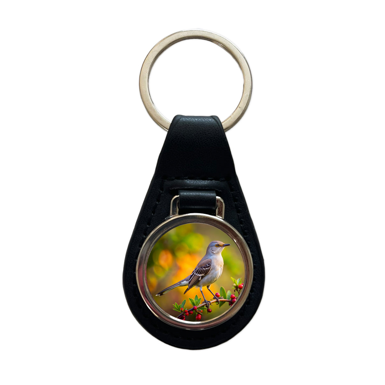 Northern Mockingbird Backyard Bird Black Leather Metal Keychain