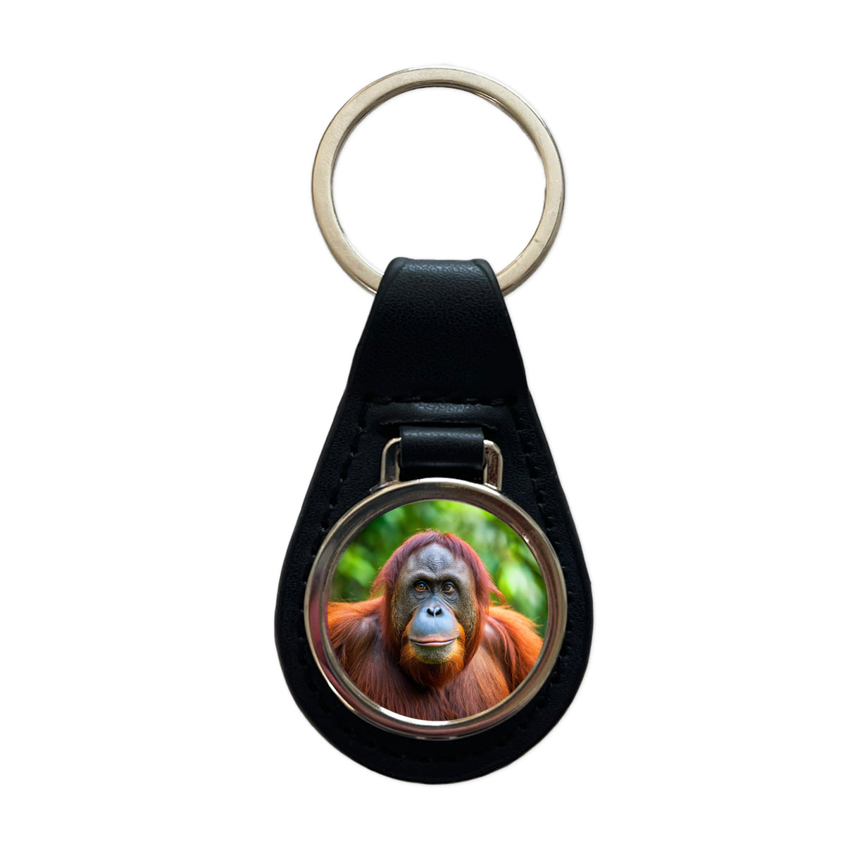 Orangutan Monkey Ape Black Leather Metal Keychain