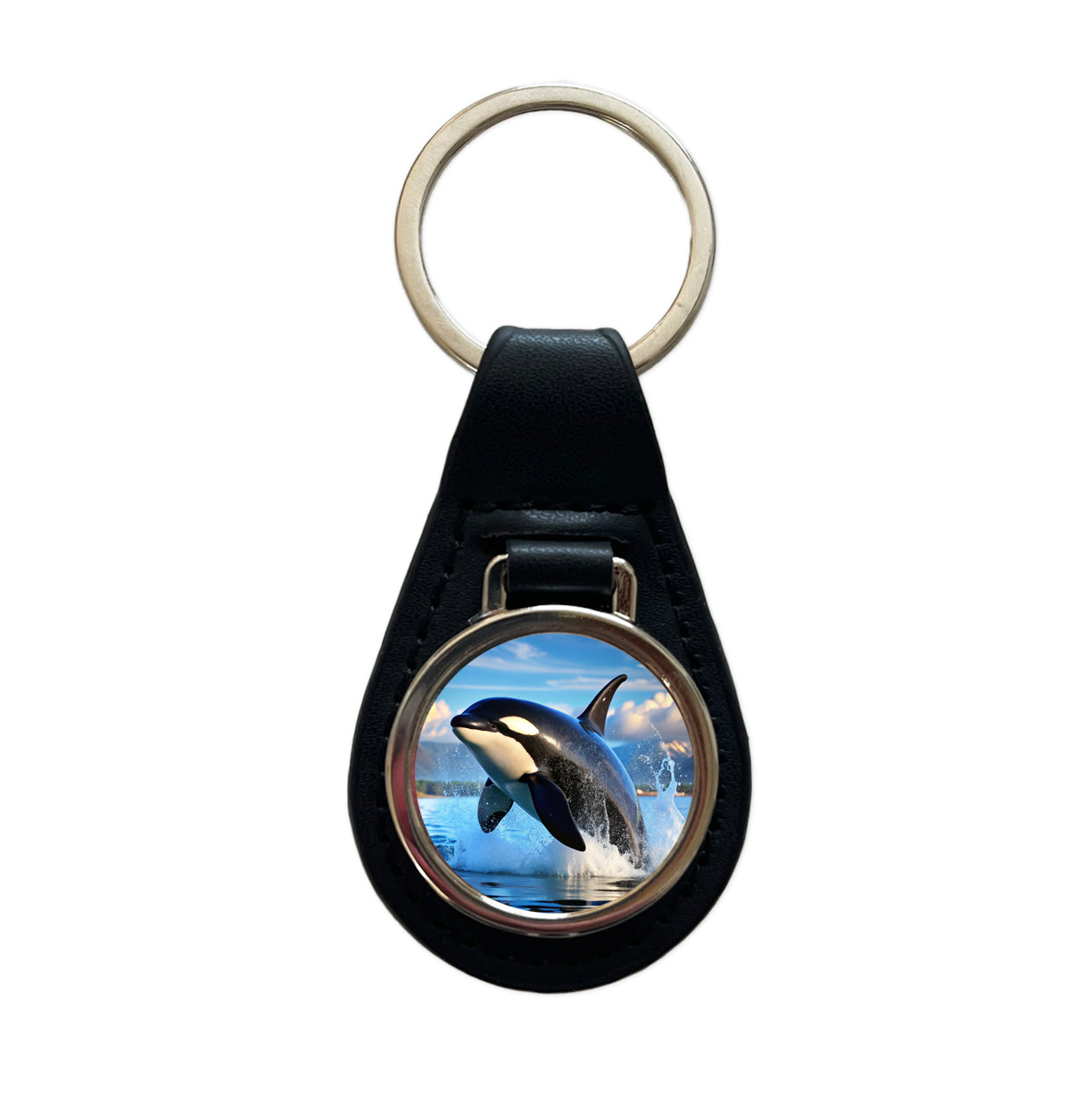 Orca Killer Whale Jumping Black Leather Metal Keychain