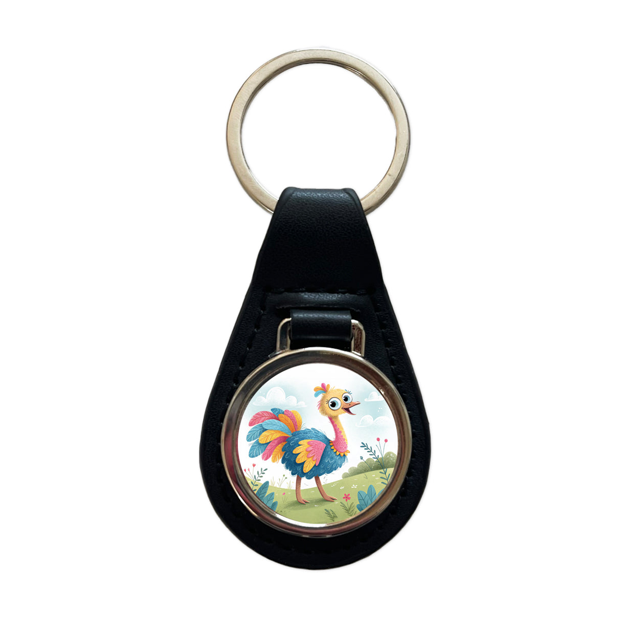 Ostrich Children's Illustration Style Black Leather Metal Keychain