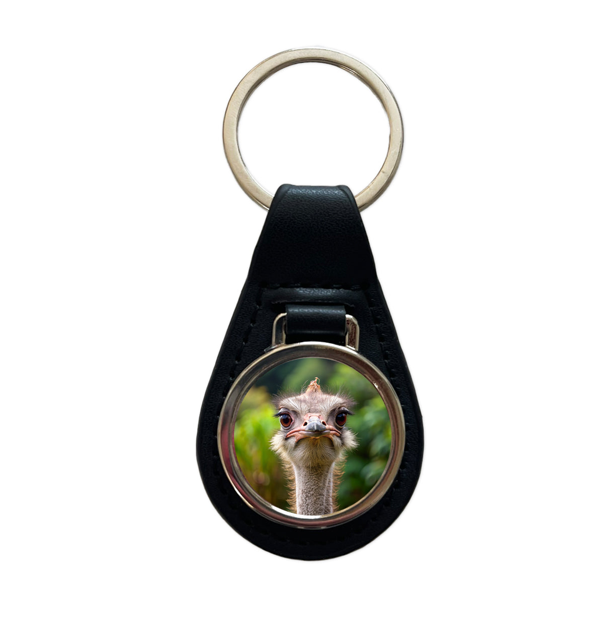 Ostrich Black Leather Metal Keychain