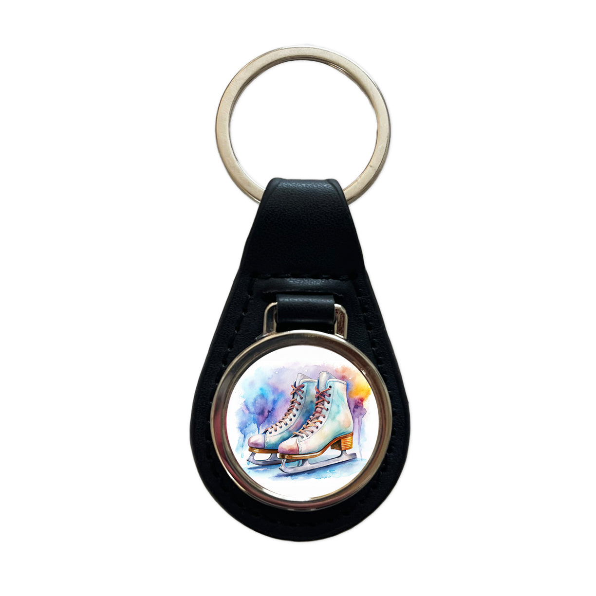 Pair Of Figure Skates Watercolor Black Leather Metal Keychain