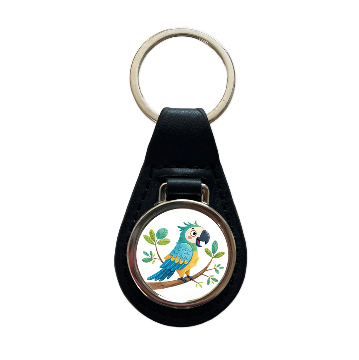 Parrot Children's Illustration Style Black Leather Metal Keychain