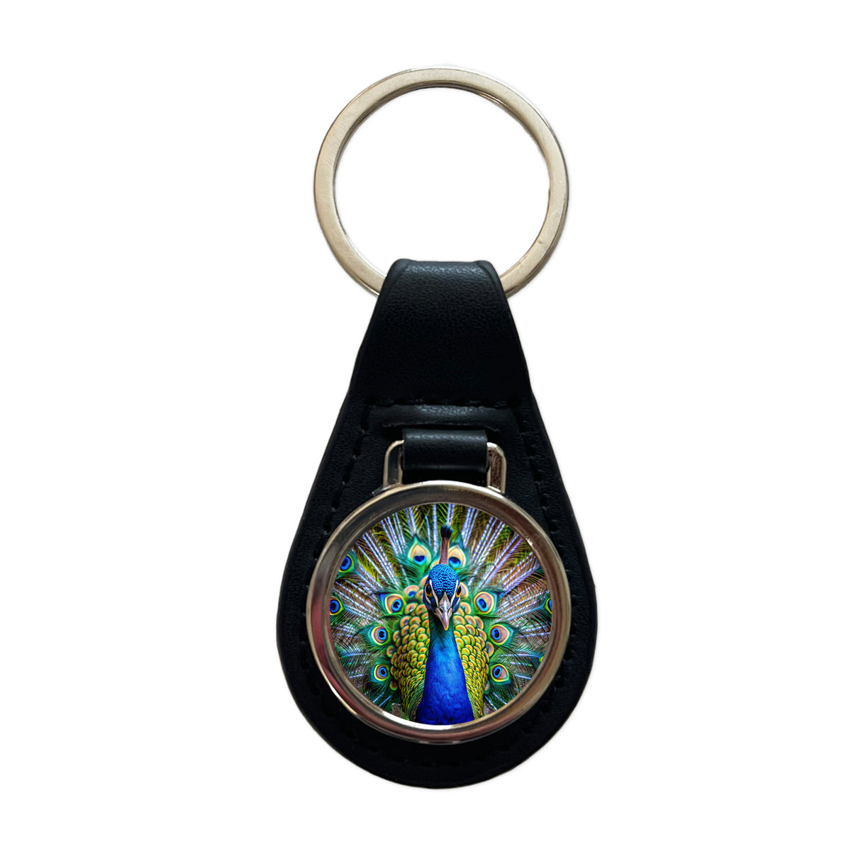 Peacock Black Leather Metal Keychain