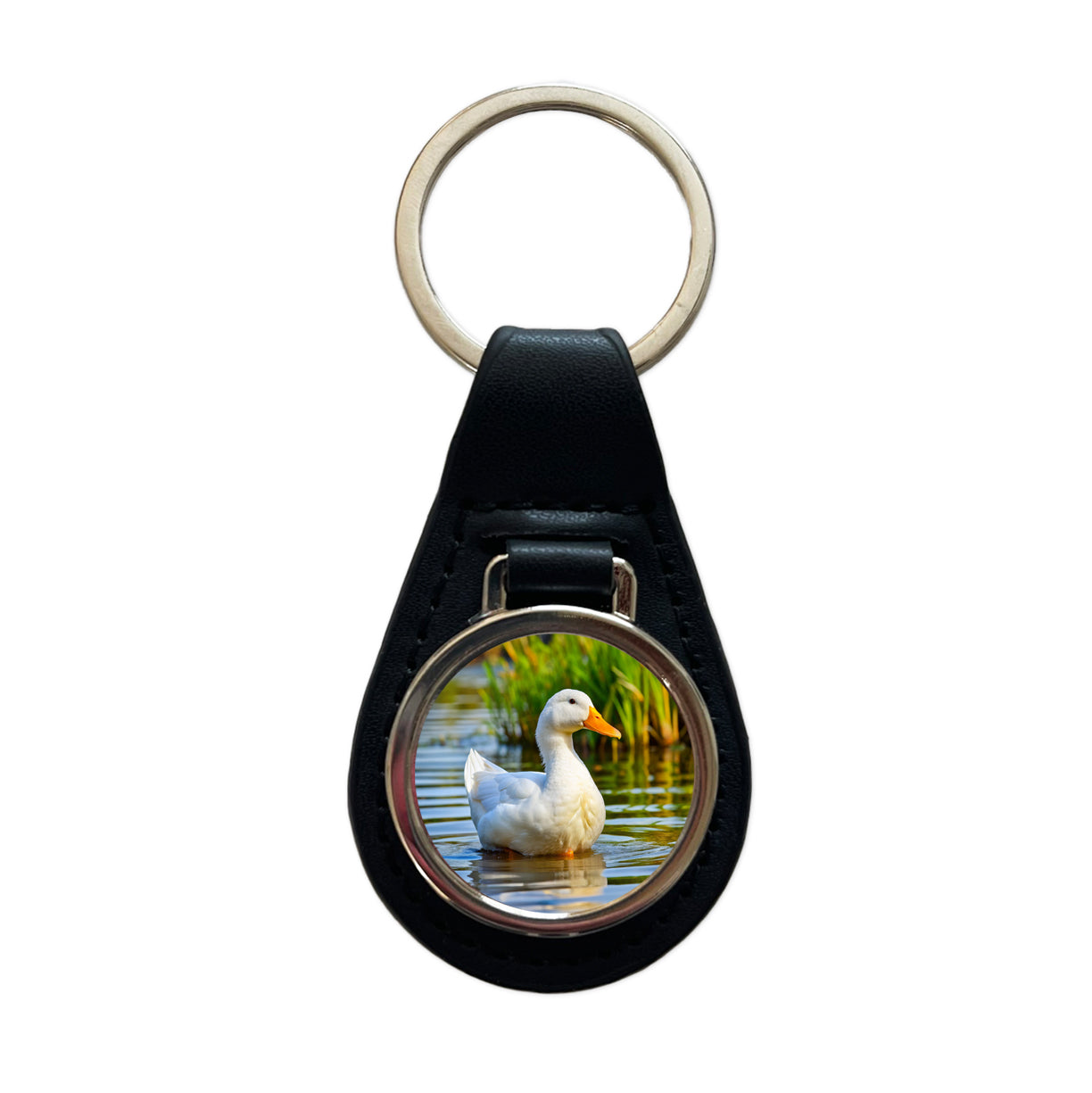 Pekin Duck Black Leather Metal Keychain