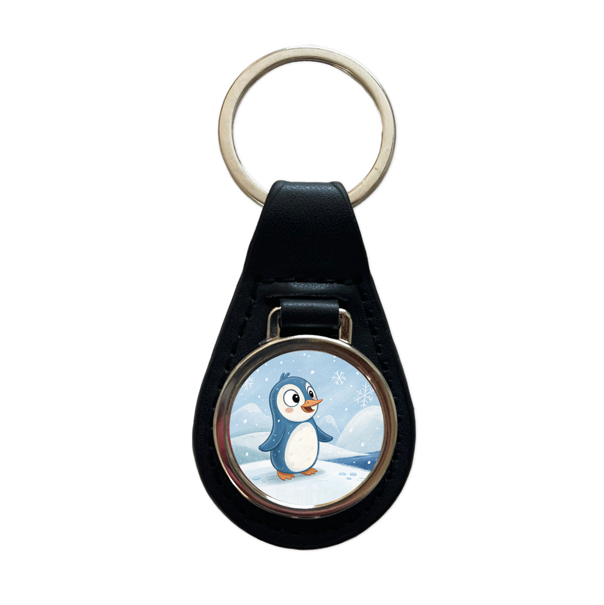 Penguin Children's Illustration Style Black Leather Metal Keychain