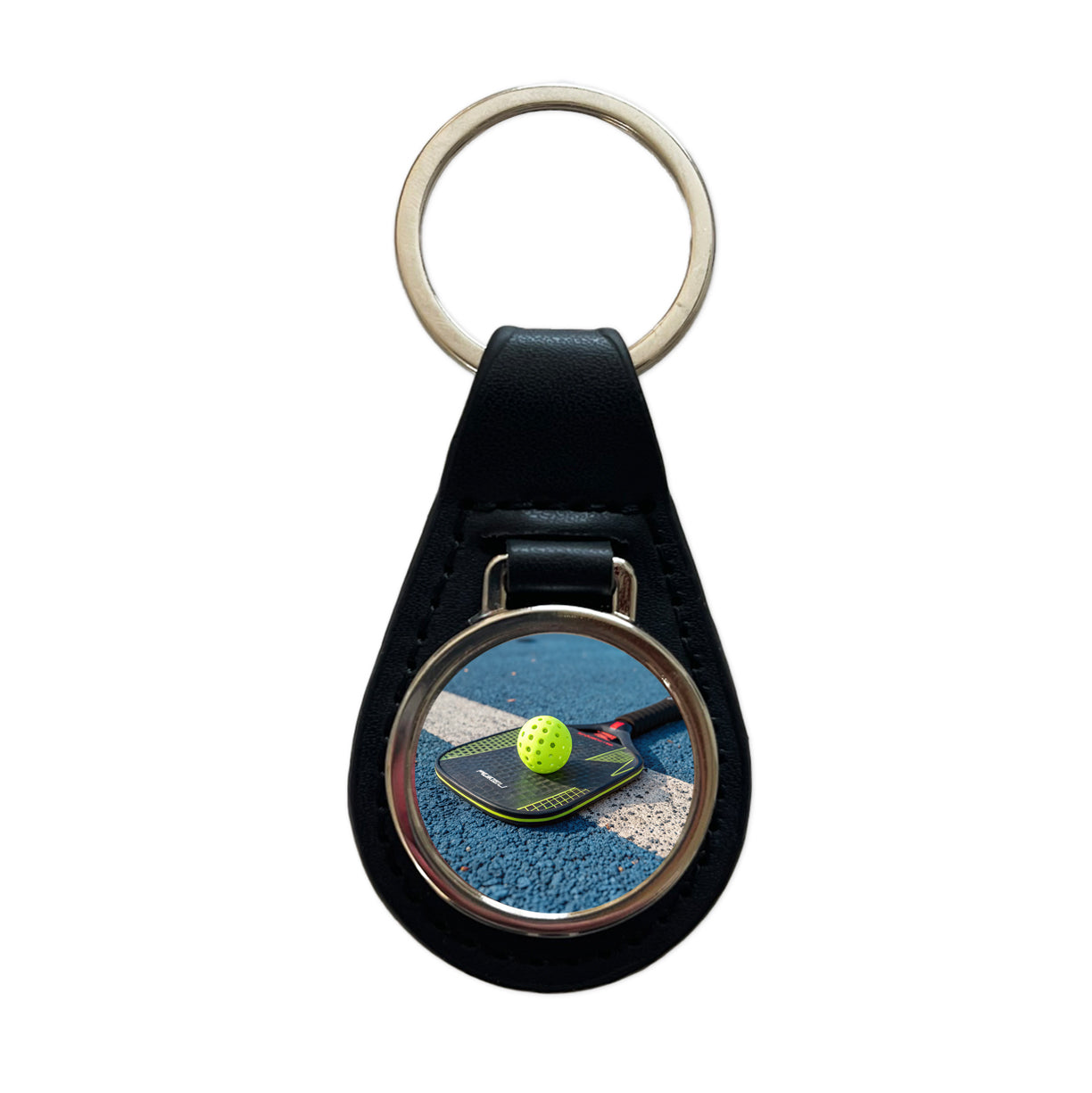 Pickleball Paddle and Ball on Court Black Leather Metal Keychain