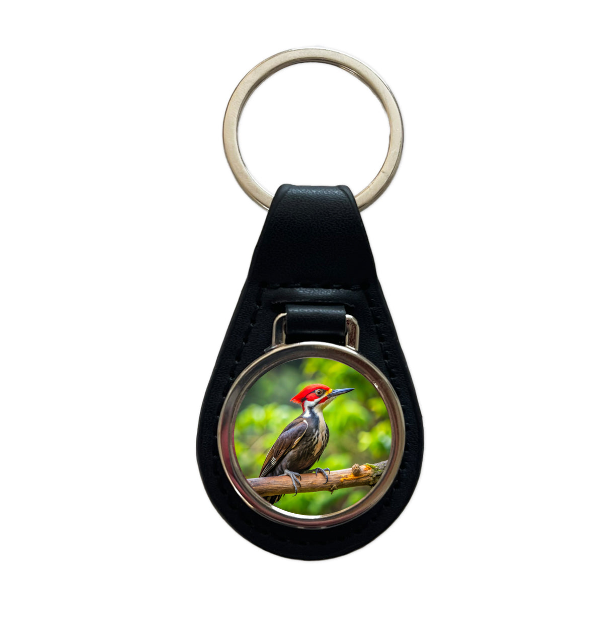 Pileated Woodpecker Backyard Bird Black Leather Metal Keychain