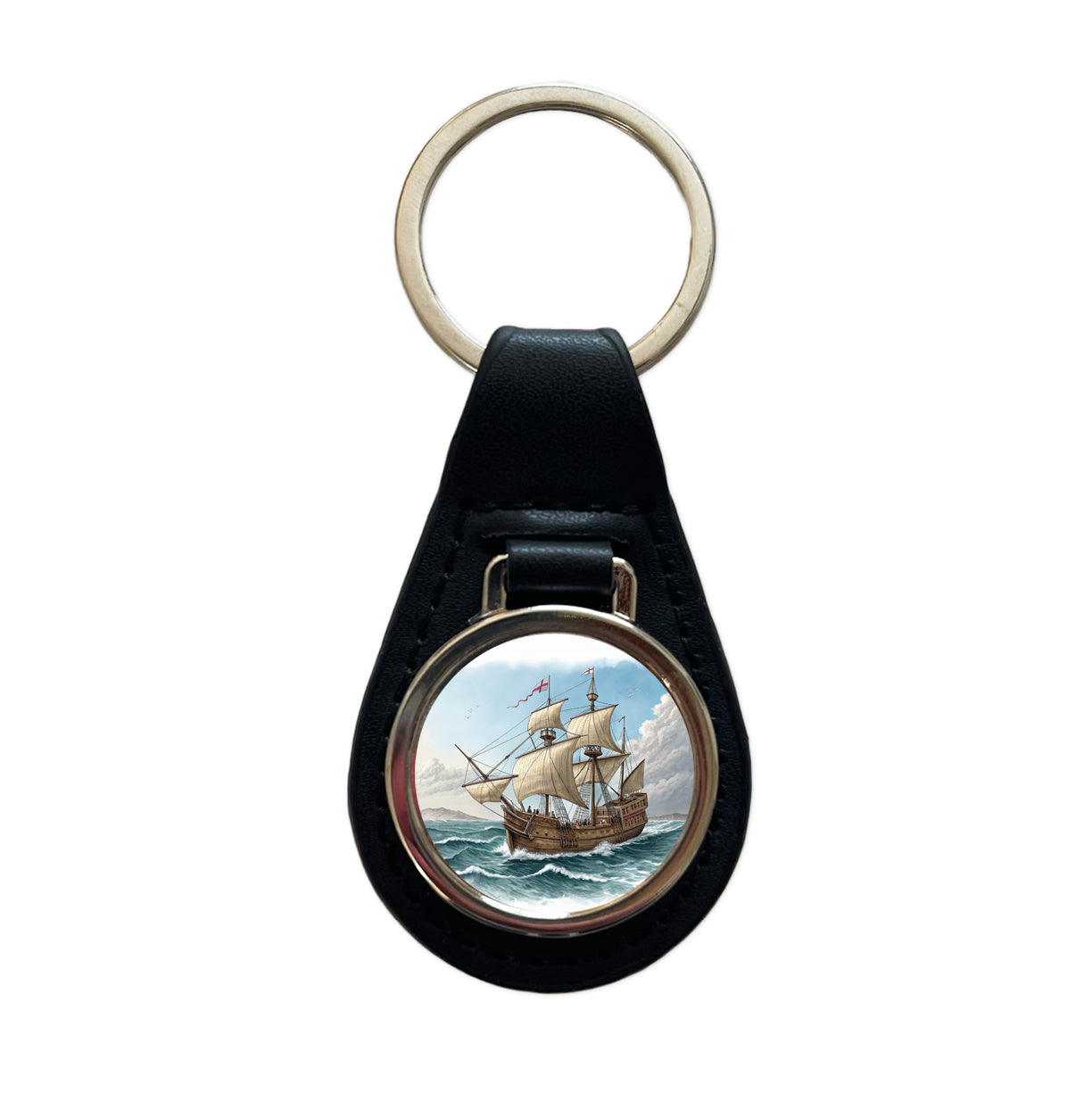 Pilgrim Mayflower 1620 Voyage Black Leather Metal Keychain
