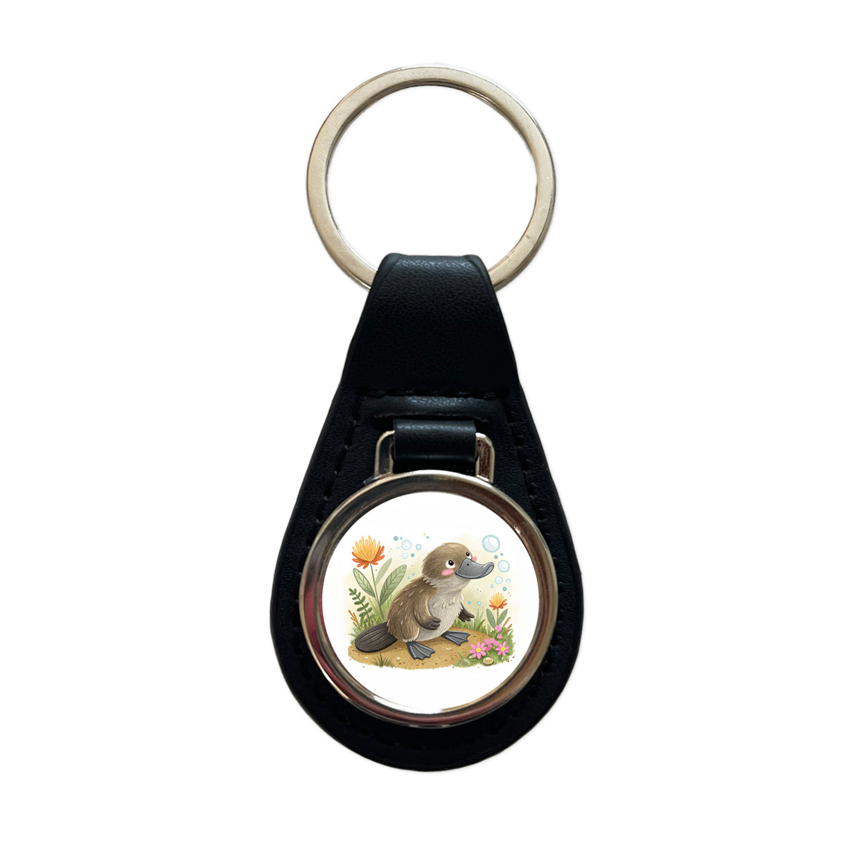 Platypus Children's Illustration Style Black Leather Metal Keychain