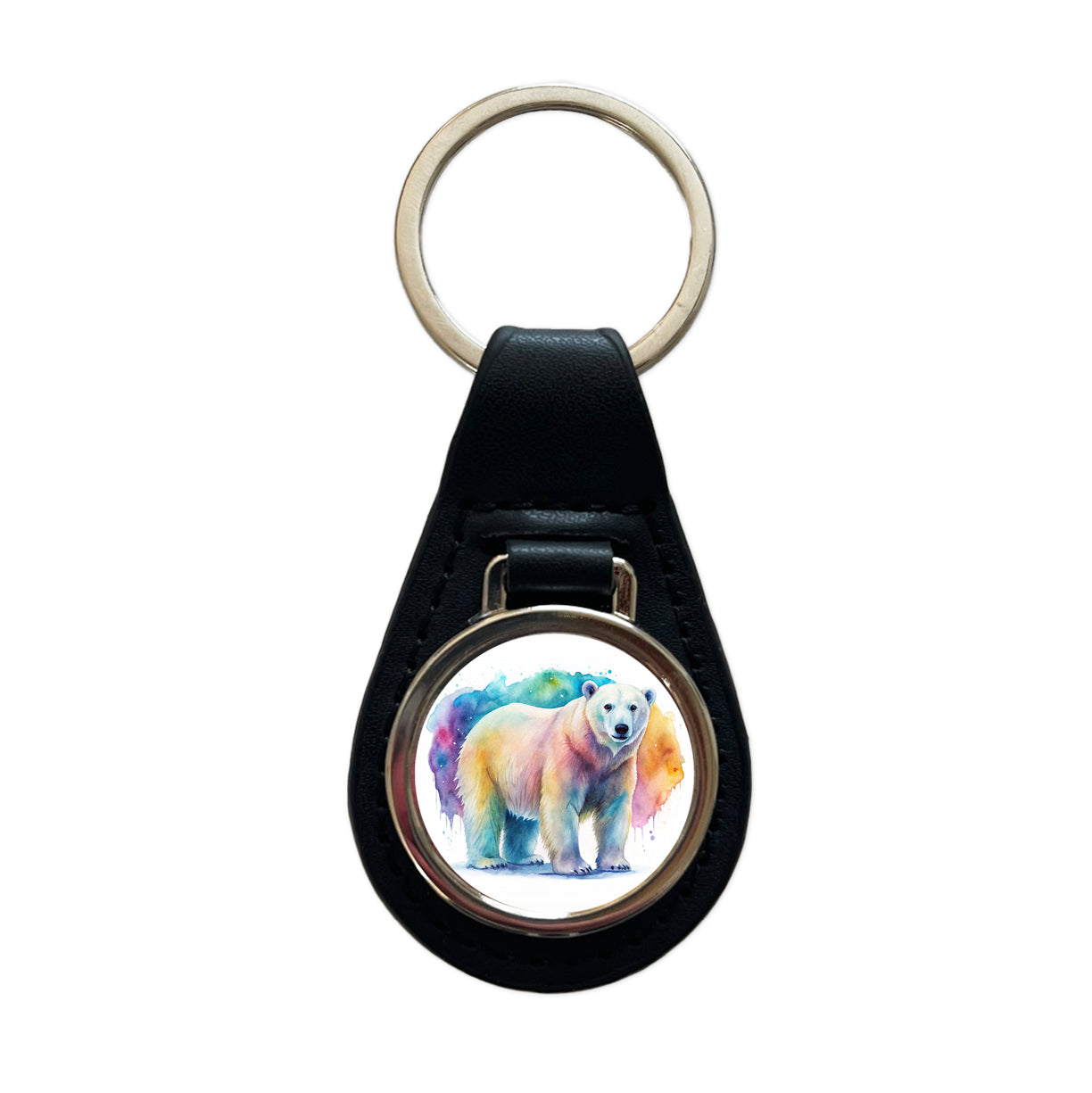 Polar Bear Watercolor Black Leather Metal Keychain
