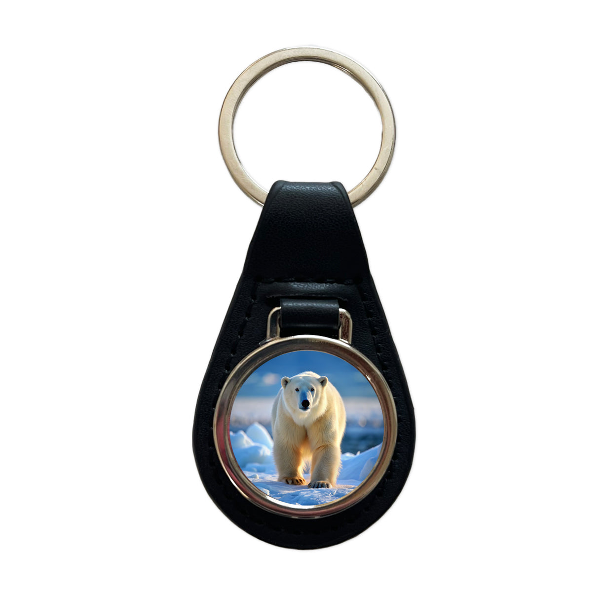 Polar Bear Black Leather Metal Keychain