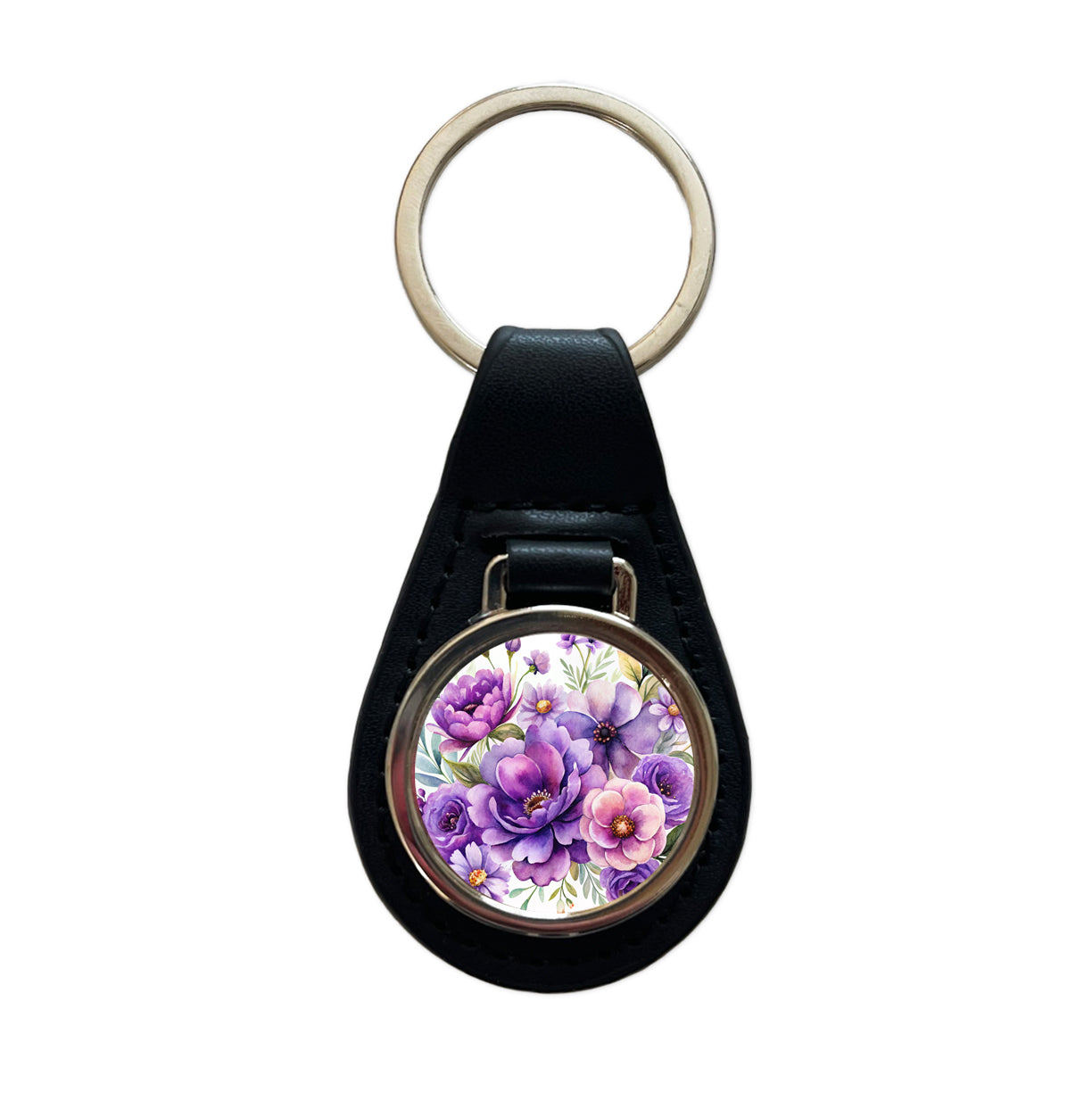 Purple Watercolor Flowers Black Leather Metal Keychain