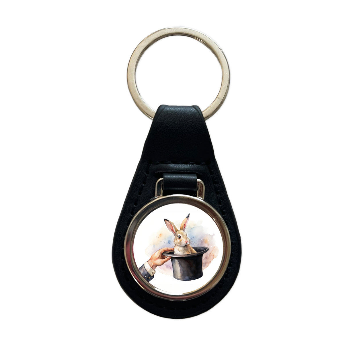 Rabbit Being Pulled Out Of A Magician's Hat Black Leather Metal Keychain