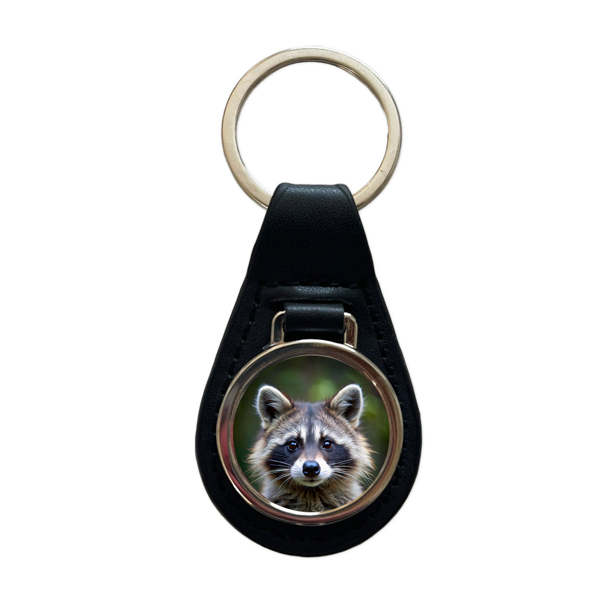 Raccoon Face Black Leather Metal Keychain
