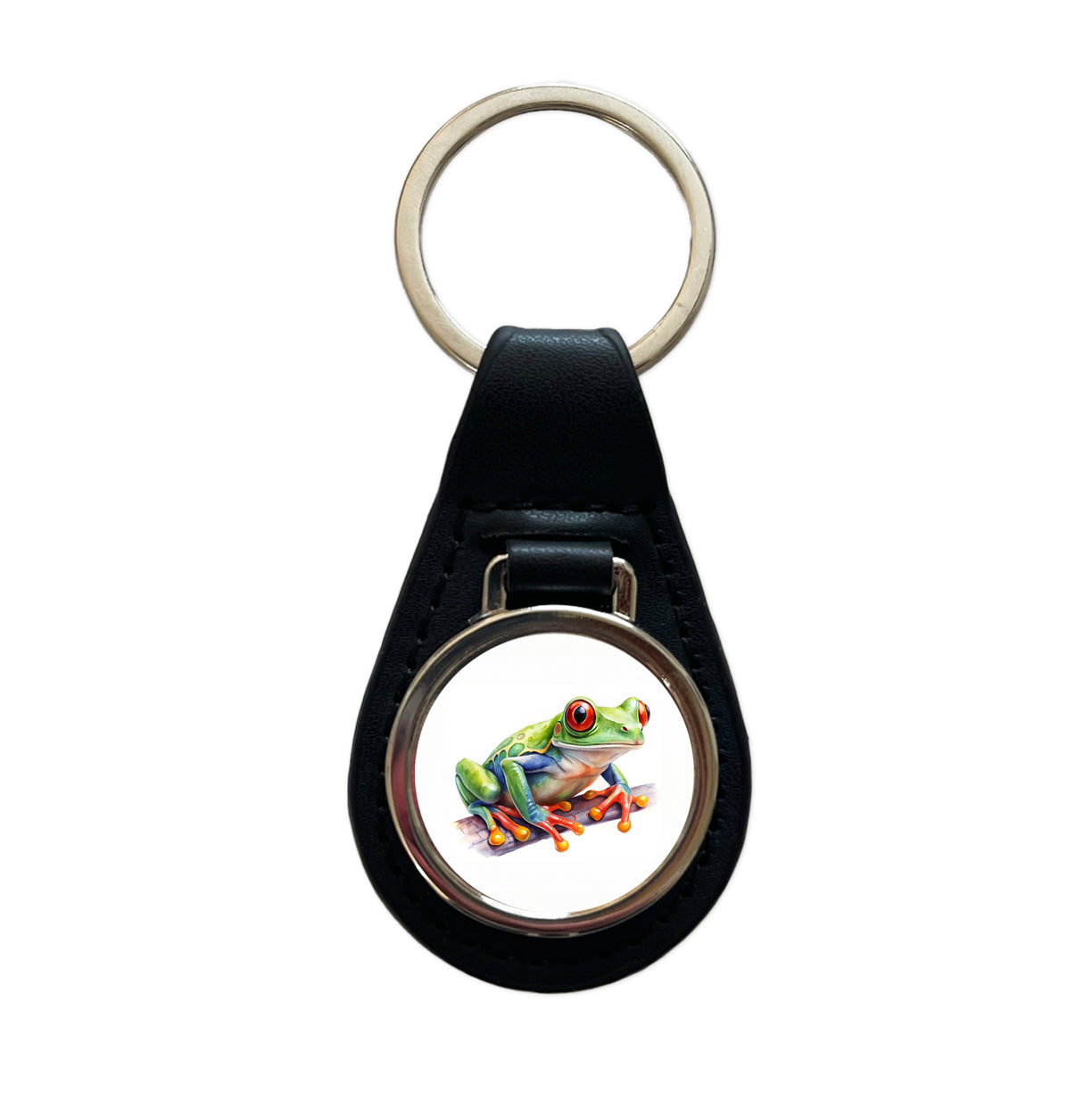 Red Eyed Tree Frog Watercolor Black Leather Metal Keychain