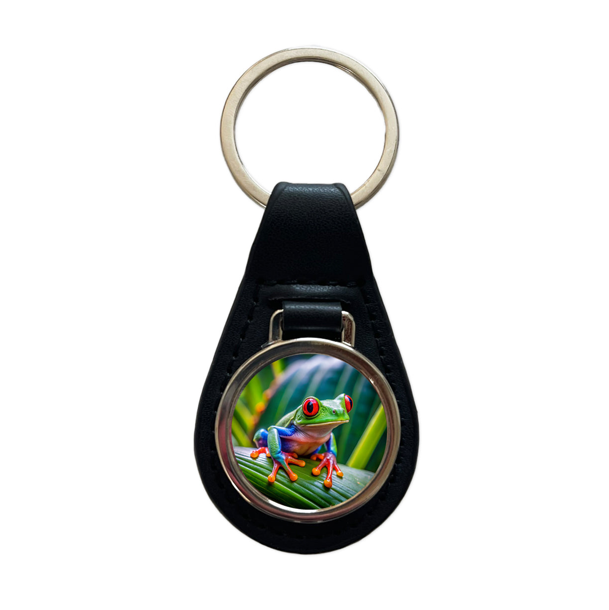Red Eyed Tree Frog Black Leather Metal Keychain