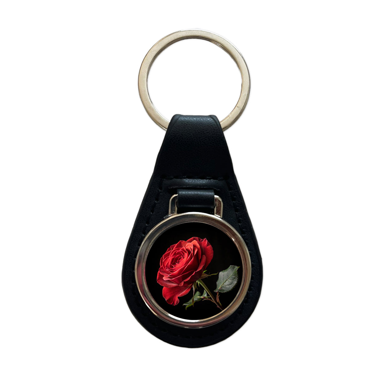 Red Rose On Black Background Black Leather Metal Keychain