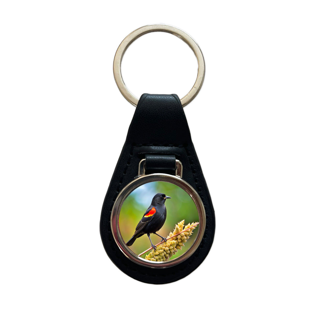 Red Winged Blackbird Backyard Bird Black Leather Metal Keychain