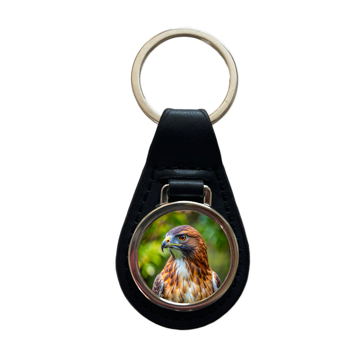 Red-Tailed Hawk Raptor Bird Of Prey Black Leather Metal Keychain