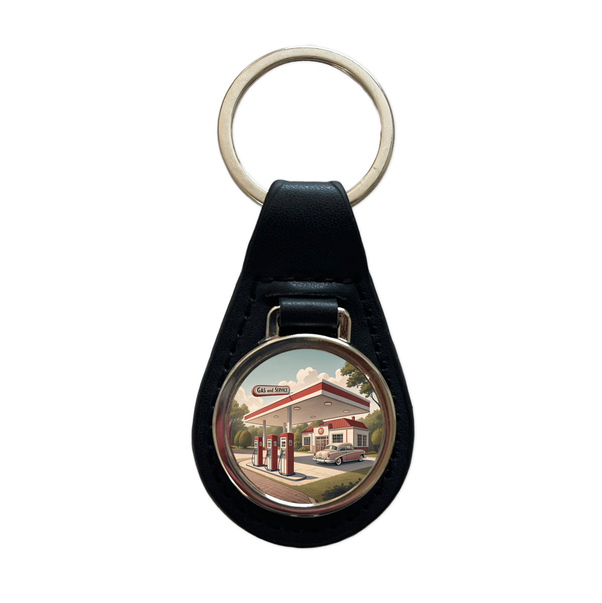 Retro Americana 1950's Gas Station Convenience Store Black Leather Metal Keychain