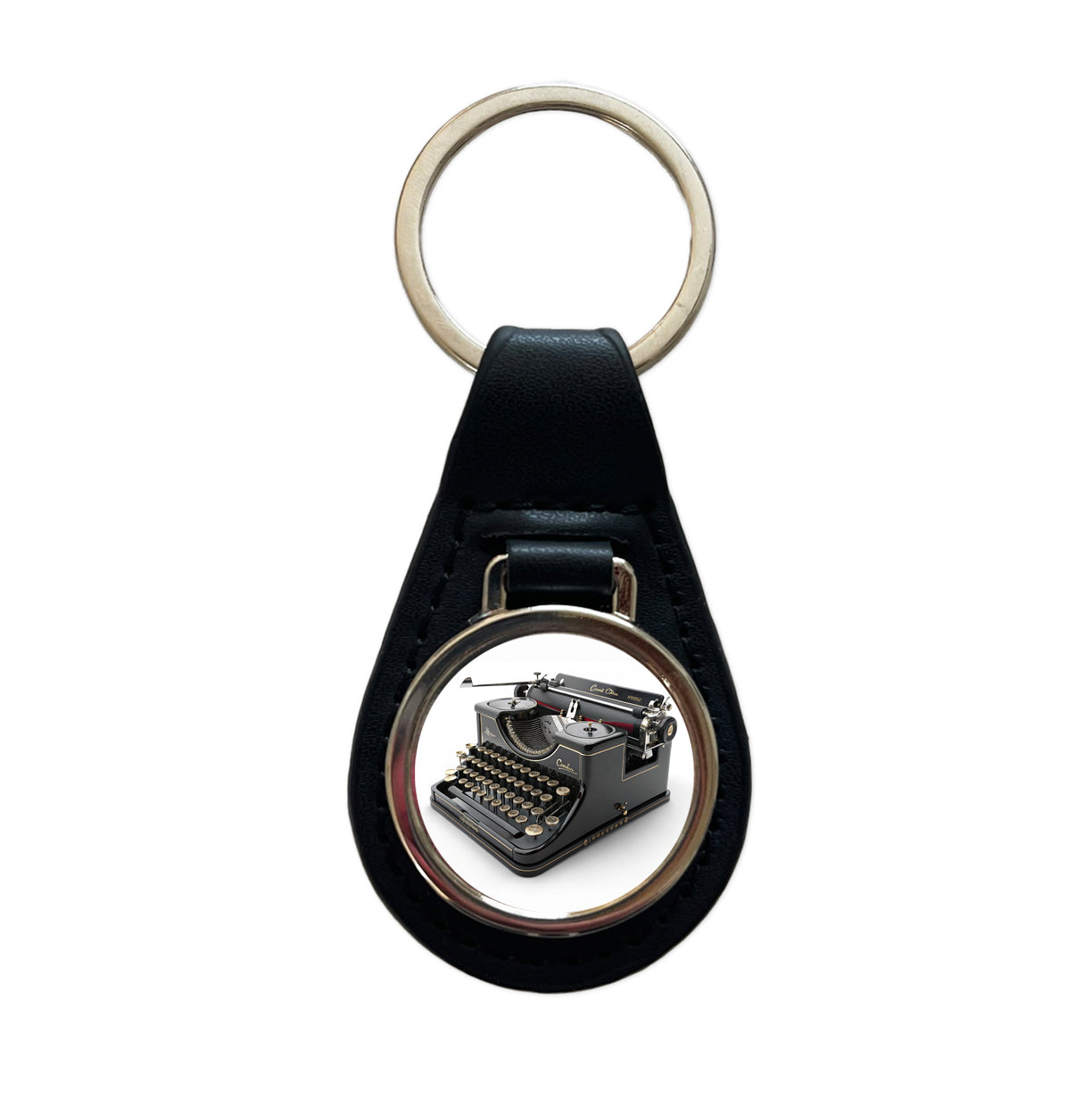 Retro Classic Black Typewriter Black Leather Metal Keychain