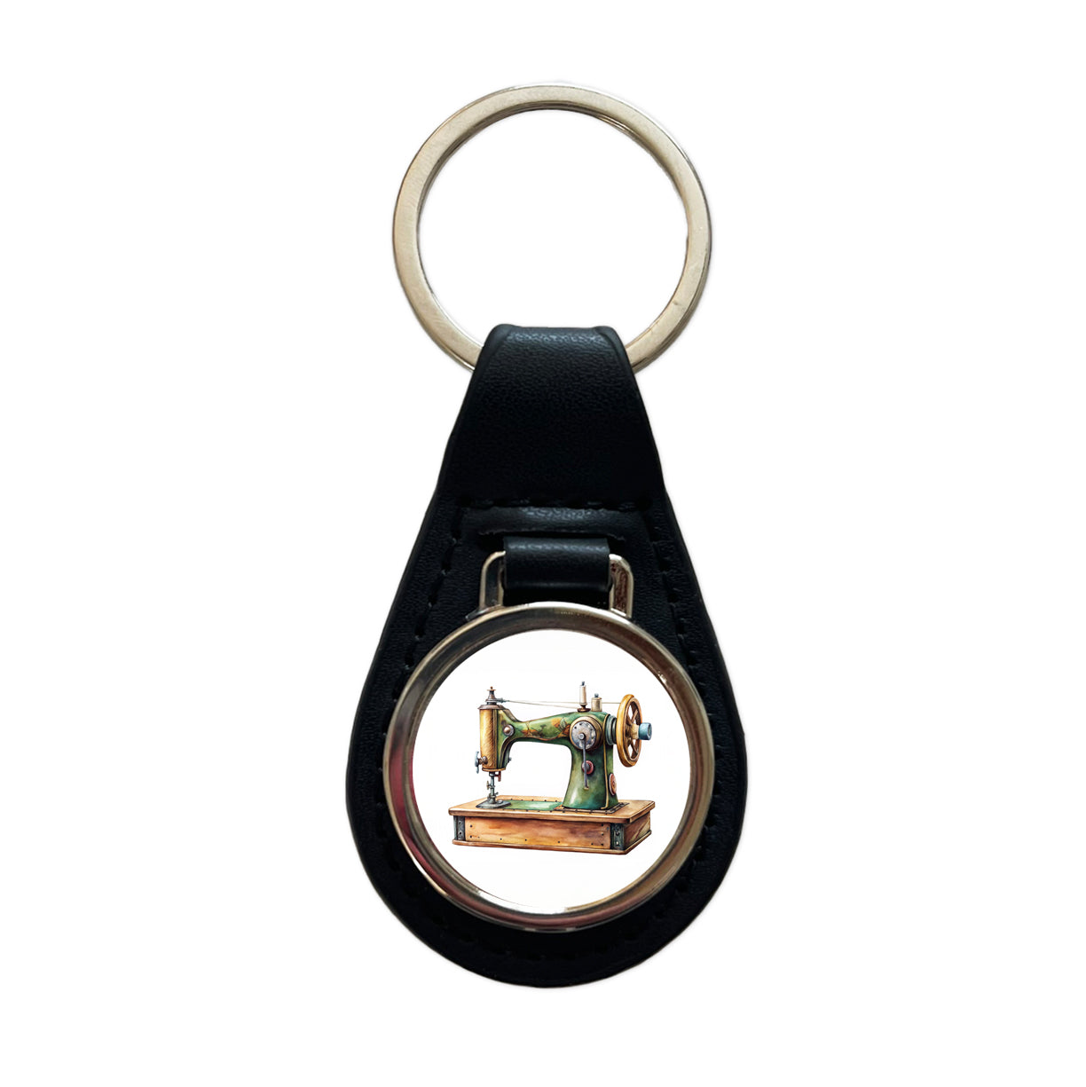 Retro Classic Sewing Machine Watercolor Black Leather Metal Keychain