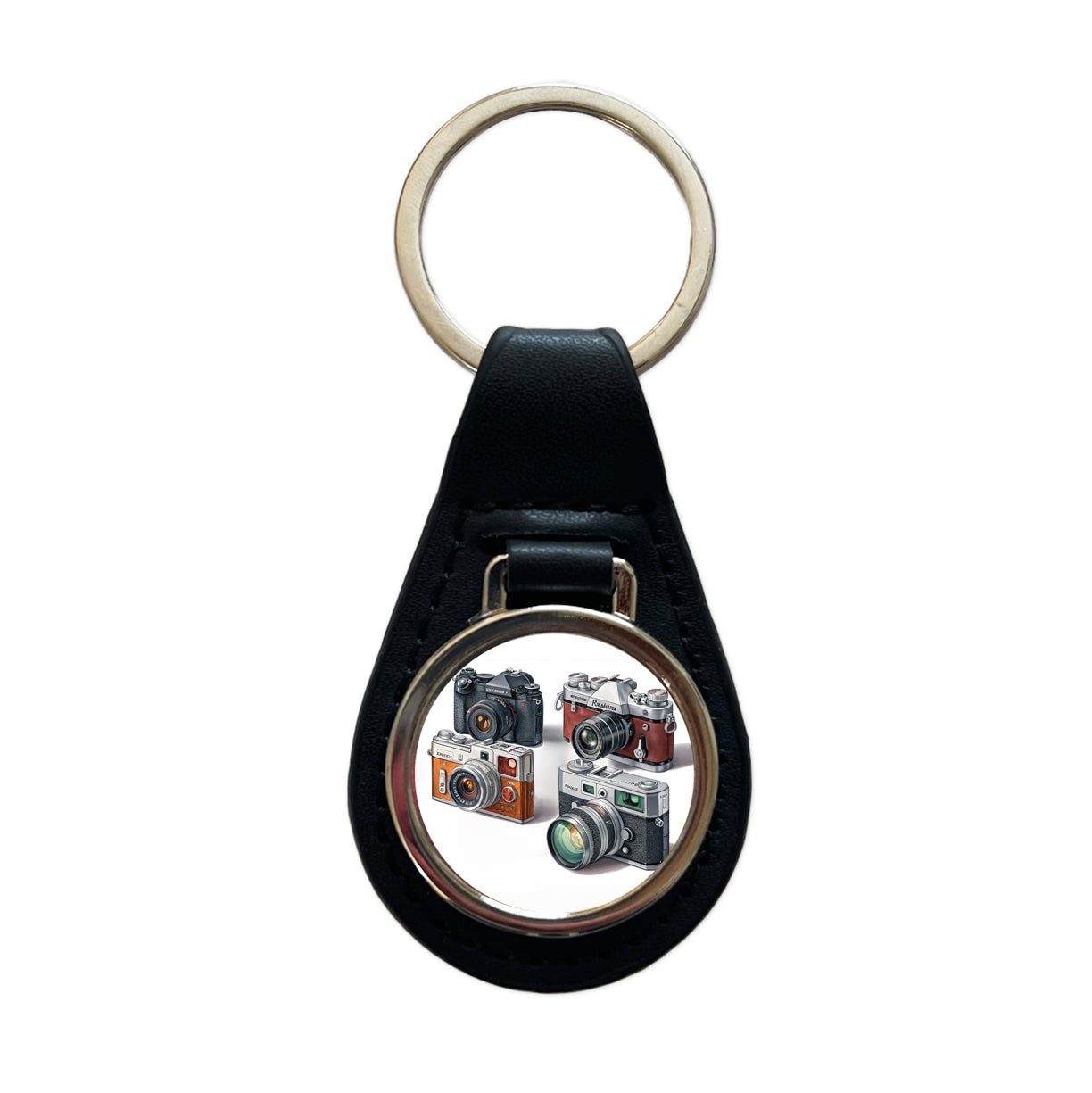Retro Photography Cameras Black Leather Metal Keychain