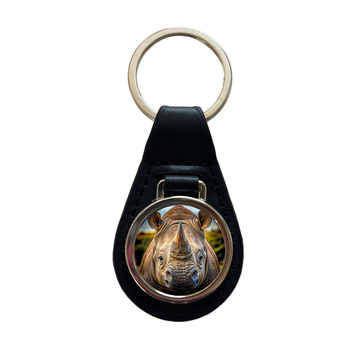 Rhinoceros Face Black Leather Metal Keychain