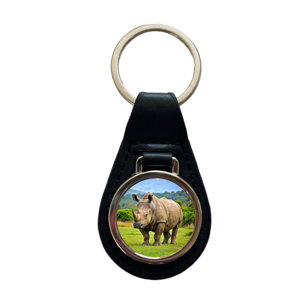 Rhinoceros Black Leather Metal Keychain