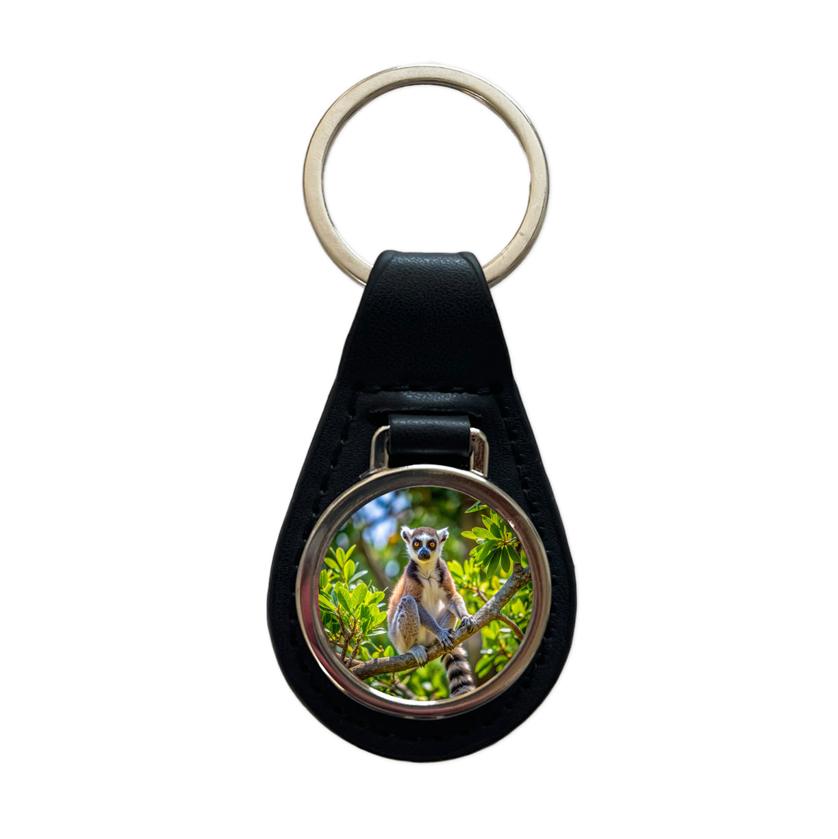 Ring-Tailed Lemur In Tree Black Leather Metal Keychain